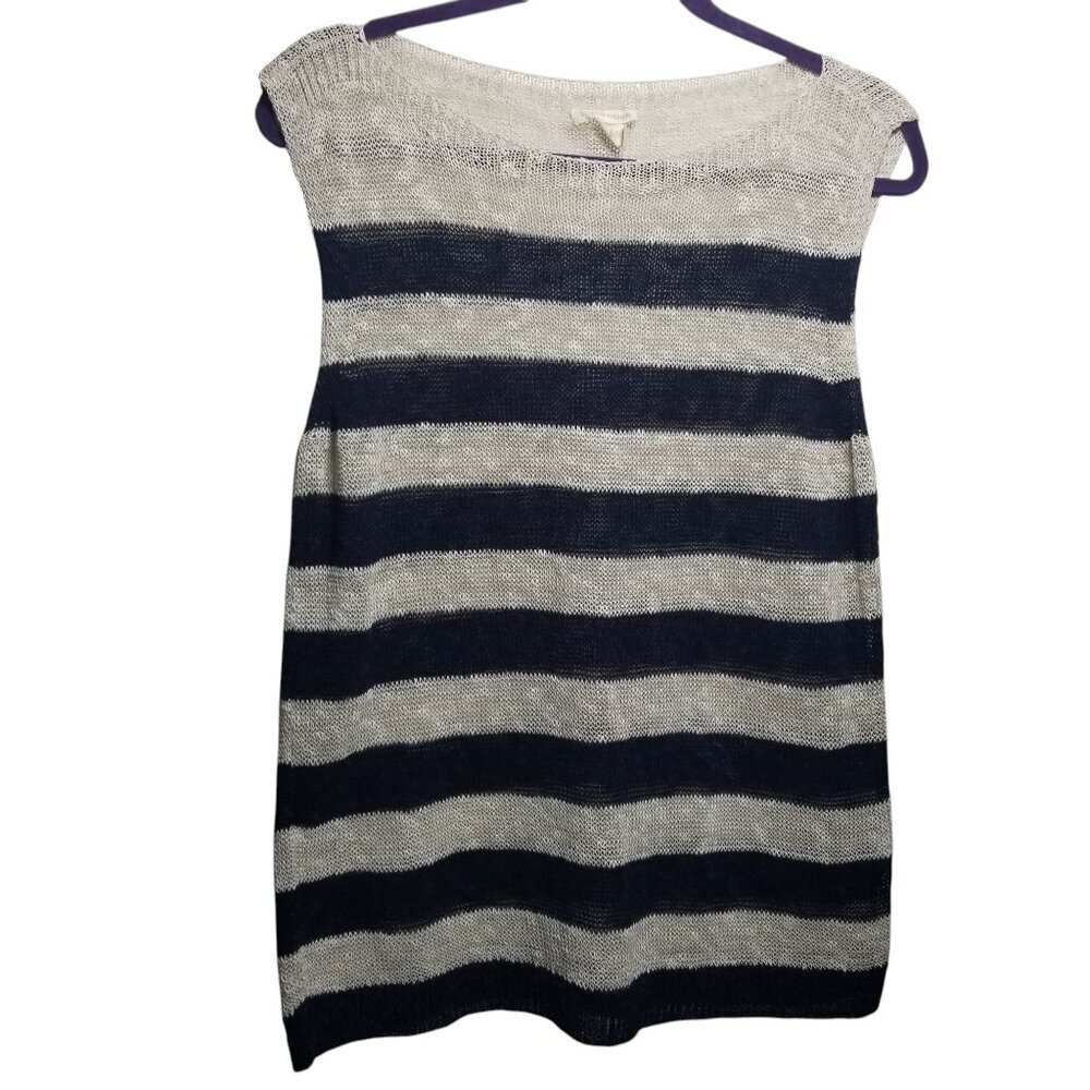 Eileen Fisher Bateau Neck Organic Linen Cotton Navy /Beige StripedTop Sz M